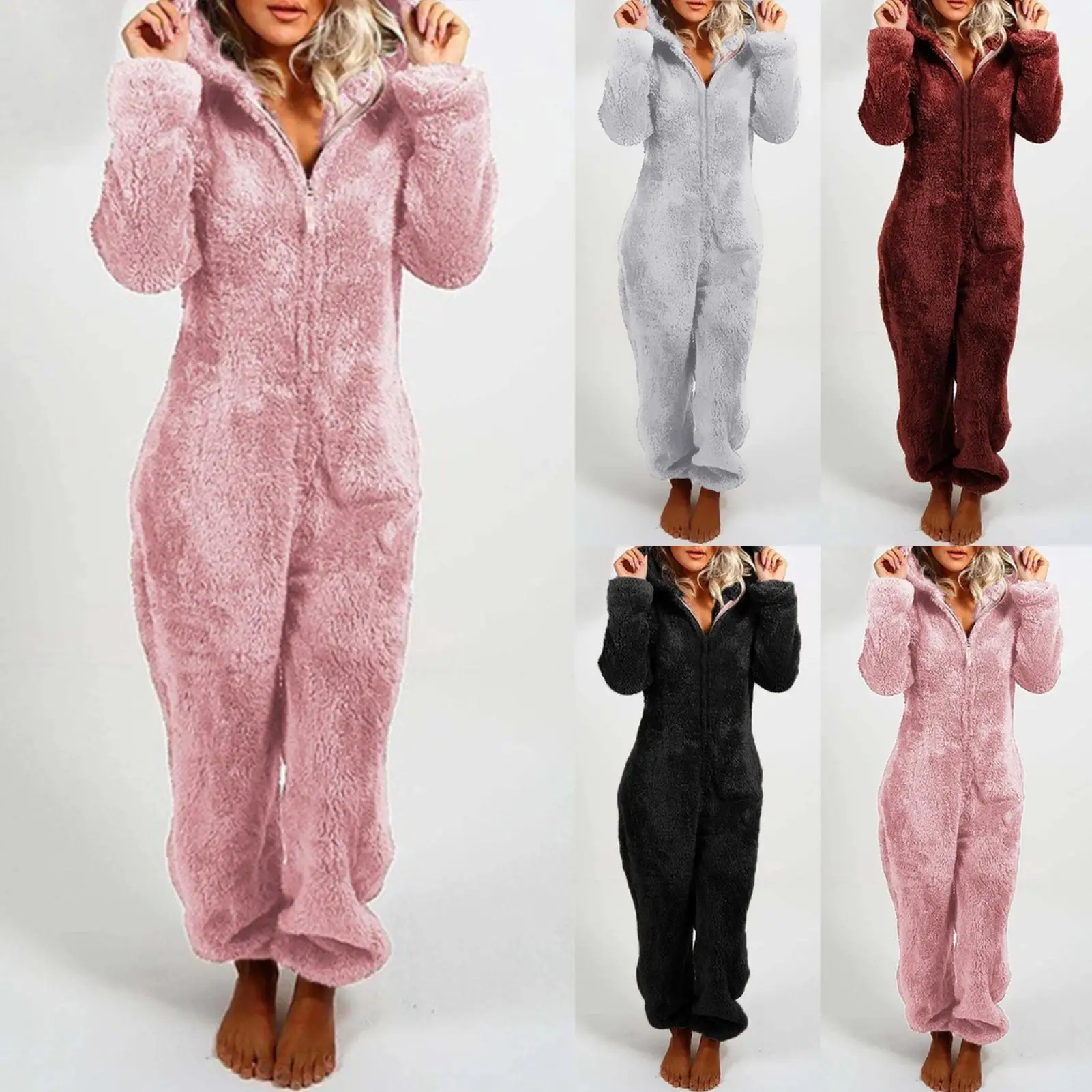 Women Winter Plush Romper Pajamas Long Sleeve Zipper Hooded Thick Warm Jumpsuit drop shipping | Женская одежда