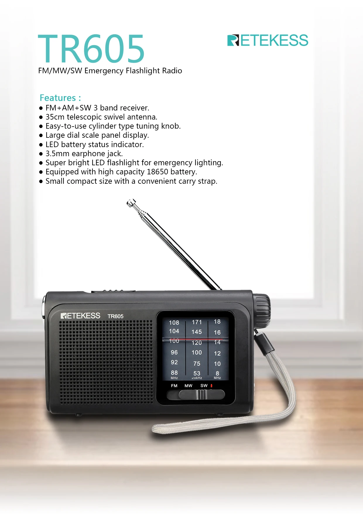 Retekess TR605 FM/MW/SW Портативный радио 3 диапазон приемника для пожилых людей с FM AM SW антенны фонарик Портативный