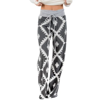 

Summer Women Long Section Loose High Waistline Straight Drawstring Printing Casual Pants