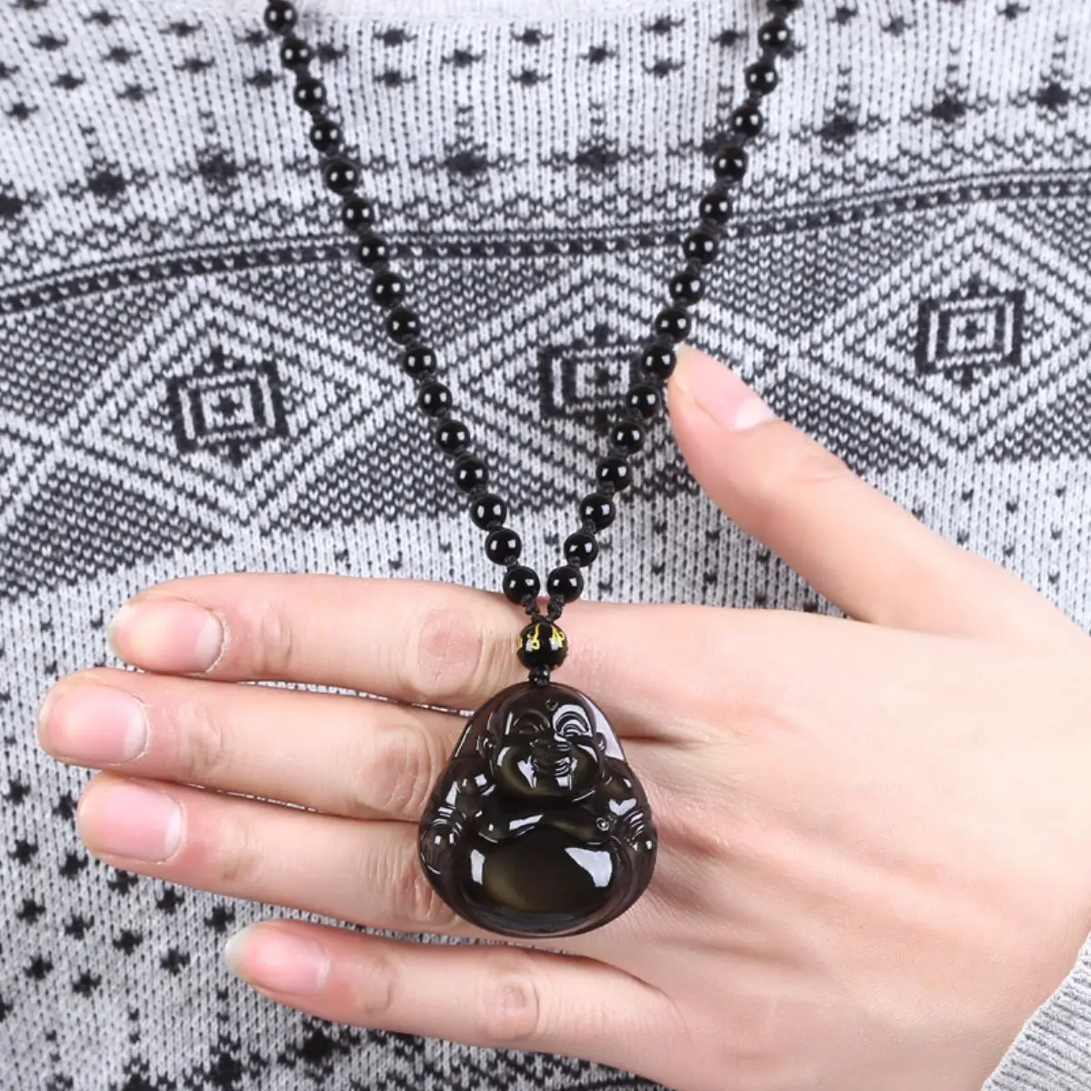 LETSFUN Fine Jewelry хороший натуральный обсидиан Bless Улыбка Будды ручной резной Модный кулон Лучший подарок