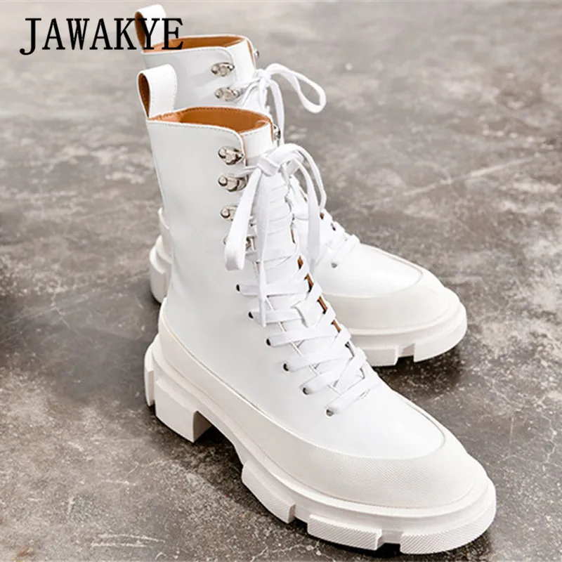 white leather Черные кожаные ботинки «Челси» на шнуровке; женские полусапожки с круглым носком на толстой плоской подошве; женские зимние ботильоны для женщин - Цвет: white leather