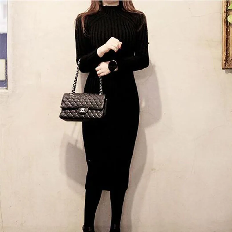 

Dress 2018 Autumn And Winter Thick Debutante Elegant Half-Turtle-Neck Sweater Dress Knit Medium-length Base Skirt Women's