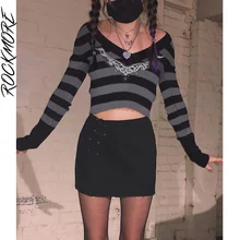 

Rockmore Striped Print Crop Tops Women Y2K Gothic Harajuku Long Sleeve T Shirt Casual Korean V Neck Graphic Tee Femme Clothes