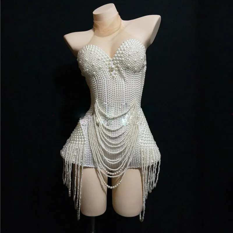 Роскошный костюм с жемчугом и кисточками для женщин, сексуальный костюм для выступлений певицы, сцены, джазовых танцев, Клубная одежда для дня рождения