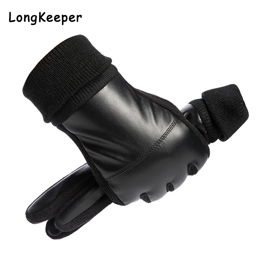 Winter Men's PU Leather Gloves Warm Plus Velvet Black Sewing Design Mittenskin Gloves Non-Slip Warm Wool Mittens Free shipping