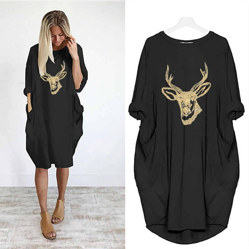 

Plus Size Women Christmas Dresses Elk Printting Fall Long Sleeve o Neck Loose Vintage Party Club Winter Vestidos Femme Robes