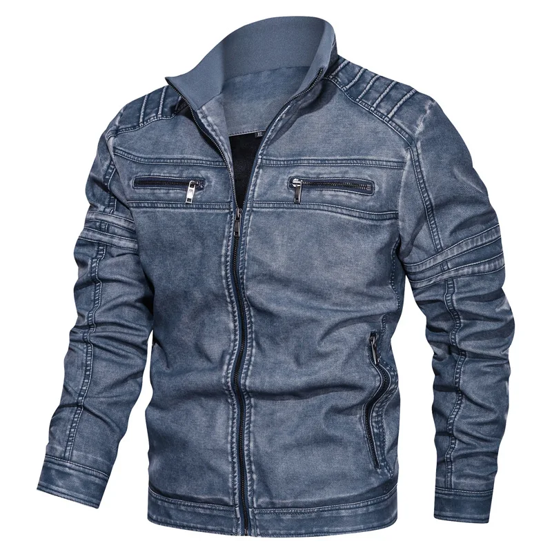 Мужские Винтажные кожаные куртки и пальто Зимняя теплая мотоциклетная куртка из ПУ - Цвет: Синий