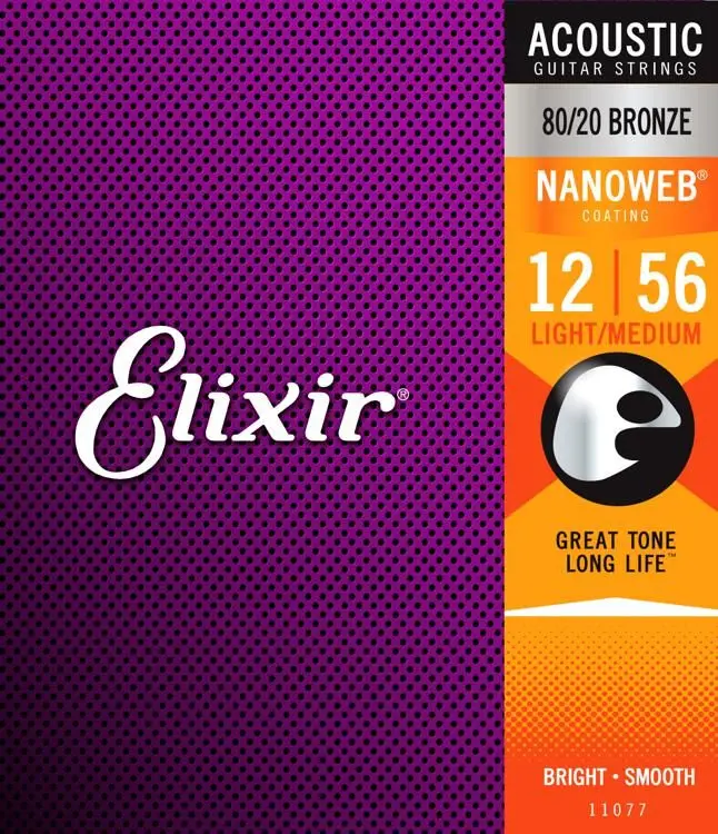 Elixir оригинальные струны 11077 Nanoweb 80/20 Струны для акустической гитары. 012-.056 средний Светильник