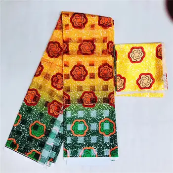 

African Style Printed Satin Silk Fabric with Organza Wax Print Lace for Dress 4yards Organza Ribbon and 2yards Silk Fabric