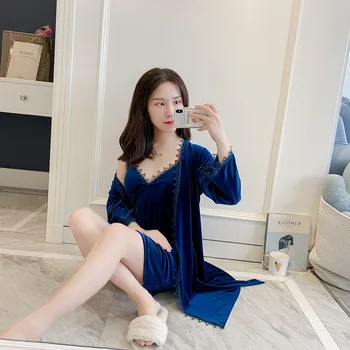 

Solid Colour Robe Set For Female Full Sleeve Sleepwear Women Mini Sexy Nightgown Kimono Bathrobe Gown Home Dressing Gown