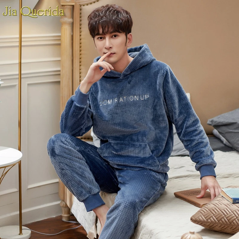 

Flannels Men Pajamas Sporty Pocket Front Hooded Pajamas Winter Pyjamas Men Leisure Home Suits Square Pattern Embroidery Pajamas