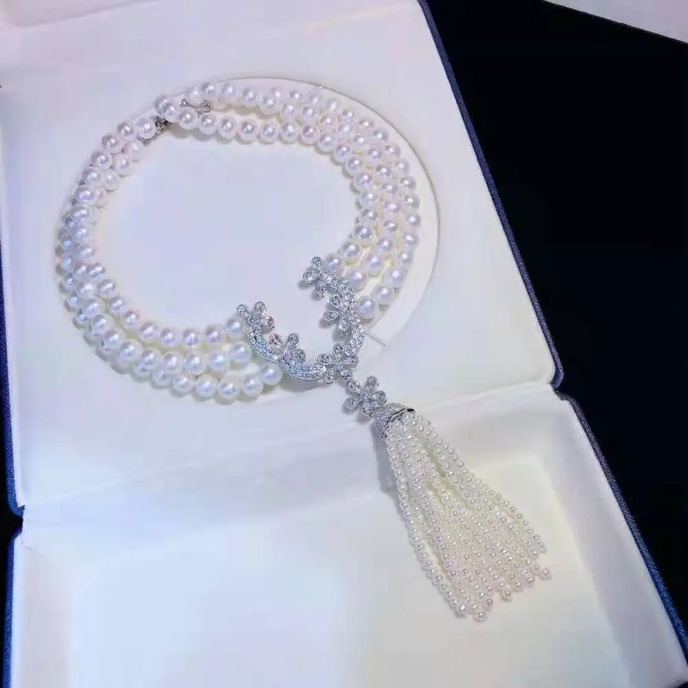 Hand knotted 3strands 8-9mm white freshwater cultured pearl micro inlay zircon accessories necklace long 43-48cm | Украшения и