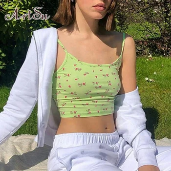 

ArtSu Sexy Floral Off Shoulder Spaghetti Straps Sleeveless Crop Top Cute 2020 Summer Women Casual Green Camis Tops ASVE21222