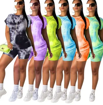 

2020 Tracksuit Women Two Piece Set Tie Dye T-Shirts Crop Top And Biker Shorts Sports Suit Female Outfits Clothes Sportswear