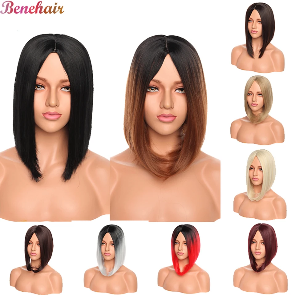 

BENEHAIR Straight Synthetic Wigs Ombre Black Brown Red Grey Bob Wigs Heat Resistant Hair Wigs For Women Cosplay Party Wigs