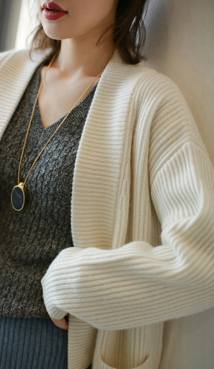Lafarvie вязаный шерстяной кардиган свитер женские топы v-образный вырез длинный рукав с карманами однобортный толстый теплый свободный свитер женский