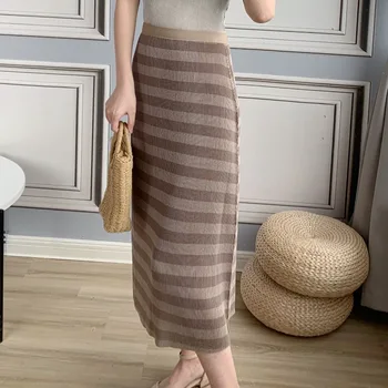 

Plus Size Skirt For Women 45-75kg 2020 Spring Summer New Simple Stripes Casual Big Stretch Miyake Pleated Midi Skirts Female