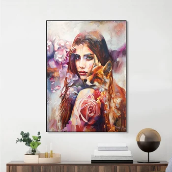 

Abstract Colorful Woman Animal Canvas Painting Abstract Woman Fox Posters and Prints Wall Art Pictures for Home Decor Cuadros