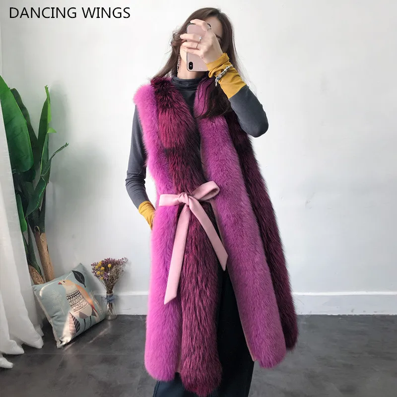 

Women Real Fox Fur Vest Coat 100CM Long Winter Fur Jacket Female Natural Fox Fur Sleeveless Waistcoat With Belt