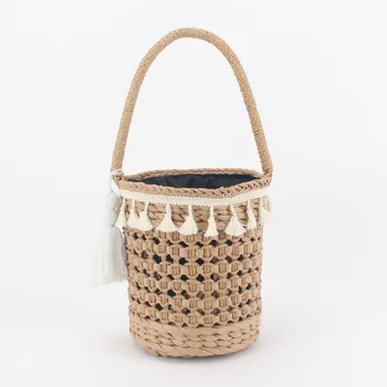 

Summer New Cylinder Hand Bag Straw Bag Summer Vacation Style Woven Bag Portable Bucket Lace Tassel Leisure Bag