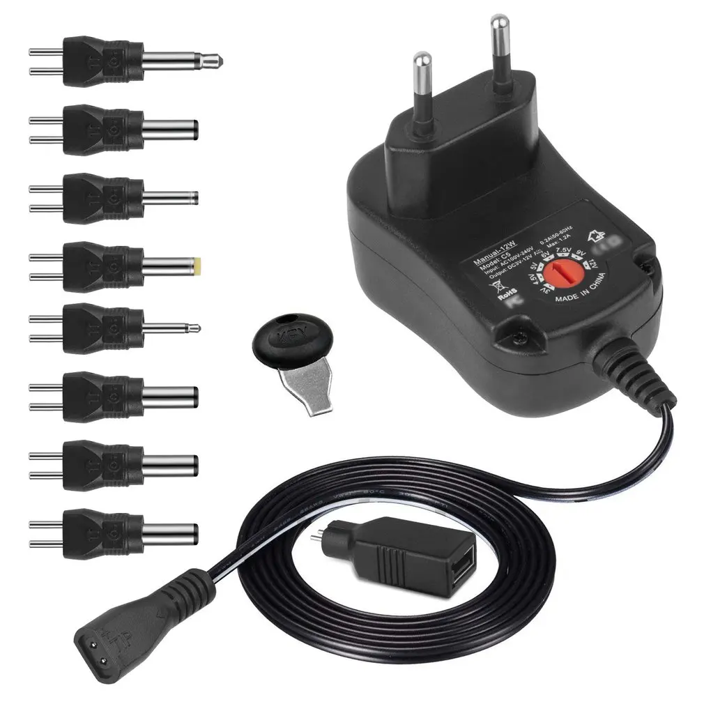 

3-12V 12W Adjustable Power Supply with DC USB Tips Multifunction Charger Portable Voltage Regulator Switch Power Adapter