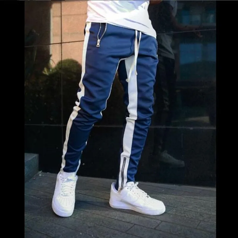 

Mens summer spring sports tight stripe cotton trainning trousers runing long pants with zipper