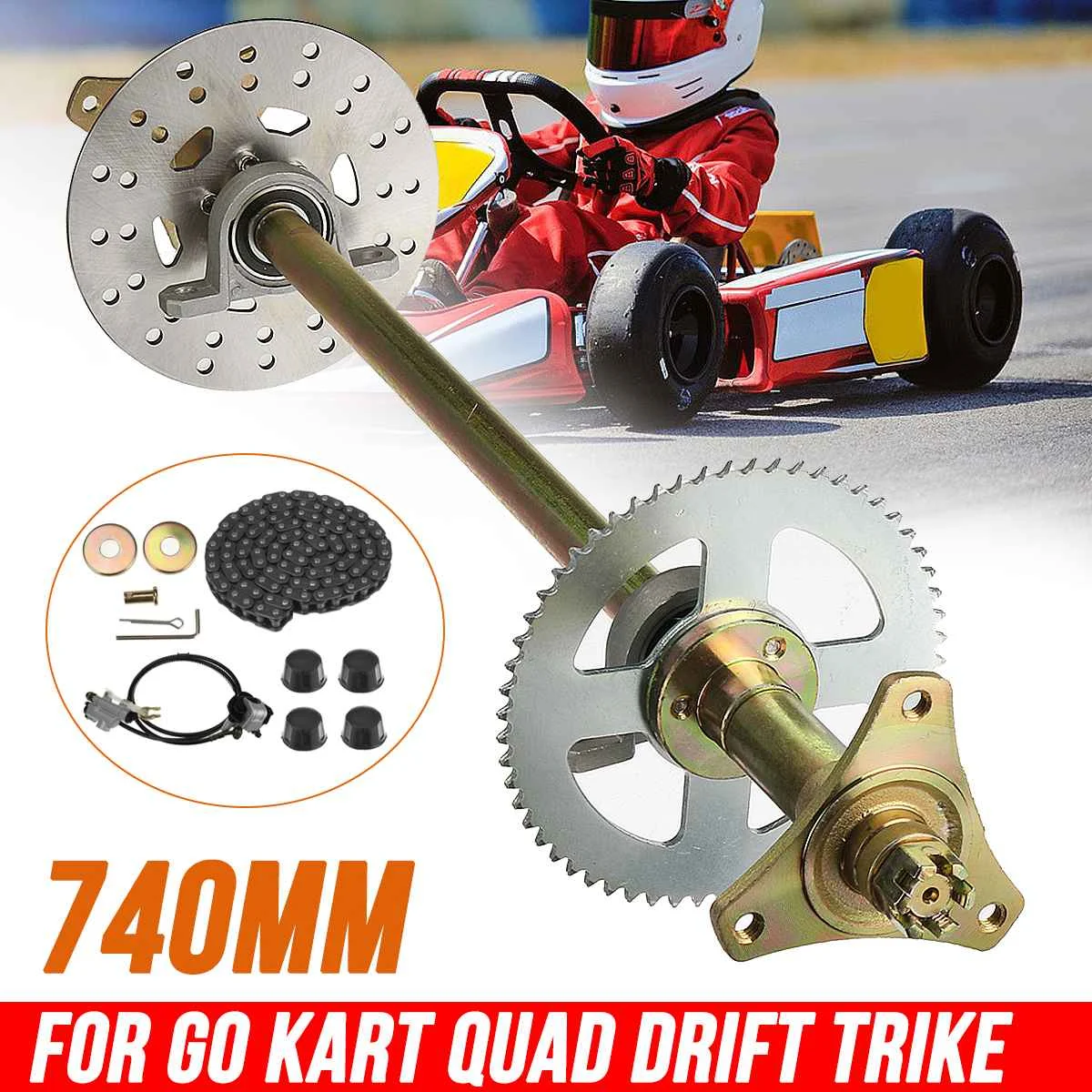 740mm Go Kart Rear Axle Shaft Assembly Wheel Brake Kit Master Hub Disc