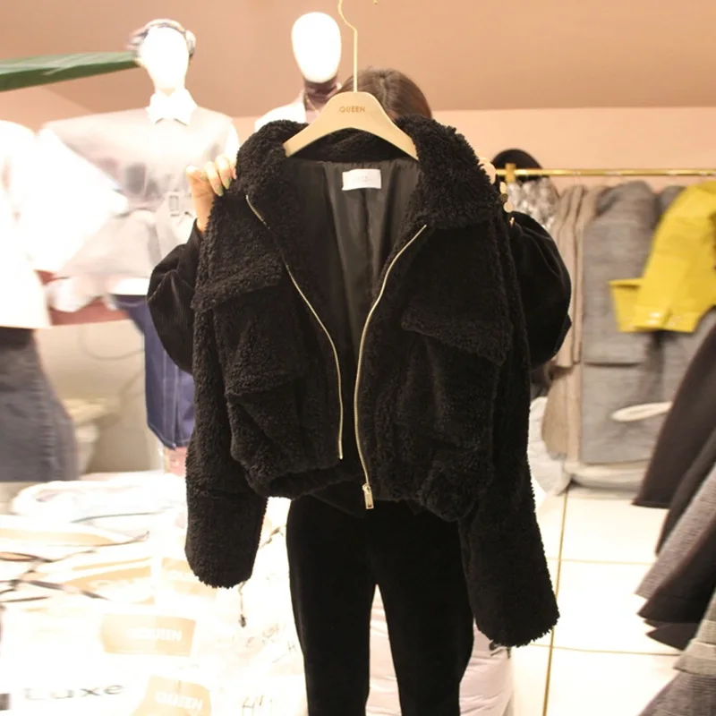 

Fall 2019 Black Jacket New Women Loose Zipper Simulated Lamb Wool Short Thickened Warm Jacket Coat Zippers Jacket Women