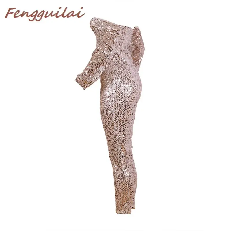 FENGGUILAIWomen модный расшитый блестками комбинезон с открытыми плечами, комбинезоны, Осенняя Клубная одежда, серебристый Облегающий комбинезон с длинным рукавом