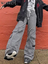 Weekeep Women Wide Leg Jeans Vintage Streetwear High Waist Patchwork Zipper Pocket Denim Cargo Pants Y2k Light Academia Trousers