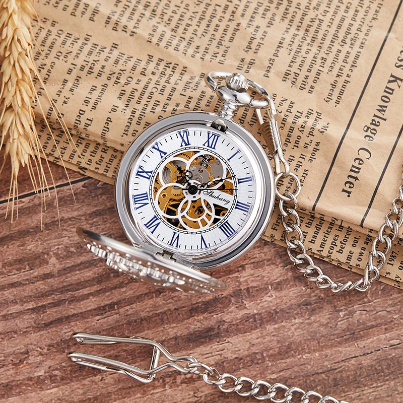 Peony Flower Mechanical Pocket Watch Rich Blossom Symbol Men Gold Hand Wind Retro Fob Pendant Watches Luxury Male Golden Clock
