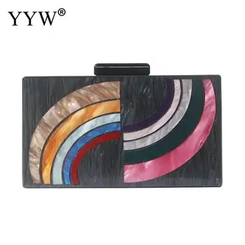 

New Female Black Rainbow Design Women Bag Acrylic Evening Bag Vintage Women Messenger Bags Clutches Patchwork Party Handbags