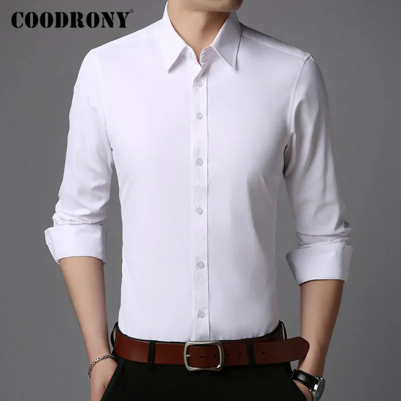 White COODRONY Брендовые мужские рубашки с длинным рукавом, хлопковая рубашка для мужчин, чистый цвет, Классические деловые повседневные рубашки размера плюс, Camisa Masculina 96102 - Color: White