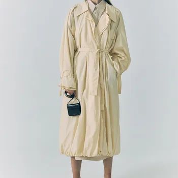 

2020 Autumn and Winter Womens Trench Coat Double Layer Patchwork Fake Two Piece Loose Lace-Up Waist Lady Outwear Top