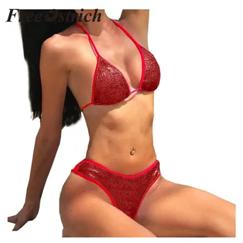 

Free Ostrich Clothes Lingerie Women Sexy Sequin Padded Push-up Biquini Set Panties Two Pieces Bathing Suits Underwear Women