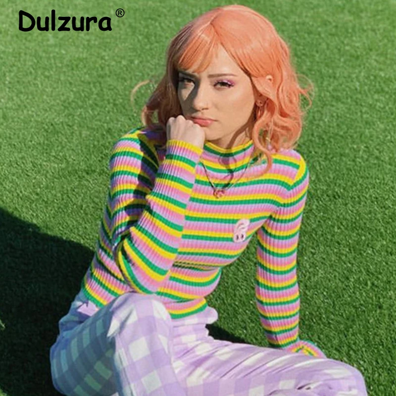 

Vintage Rainbow Striped Knitted Pullover Sweater Women Ins Fashion Brand Rabbit Appliques Jumper Top Harajuku Girls Streetwear