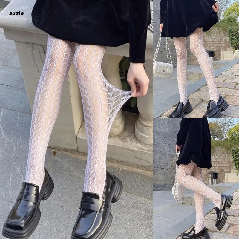 Women Gothic Punk Fishnet Pantyhose Harajuku Ear of Wheat Jacquard Patterned Sheer Tights Japanese Lolita Mesh Stockings | Женская