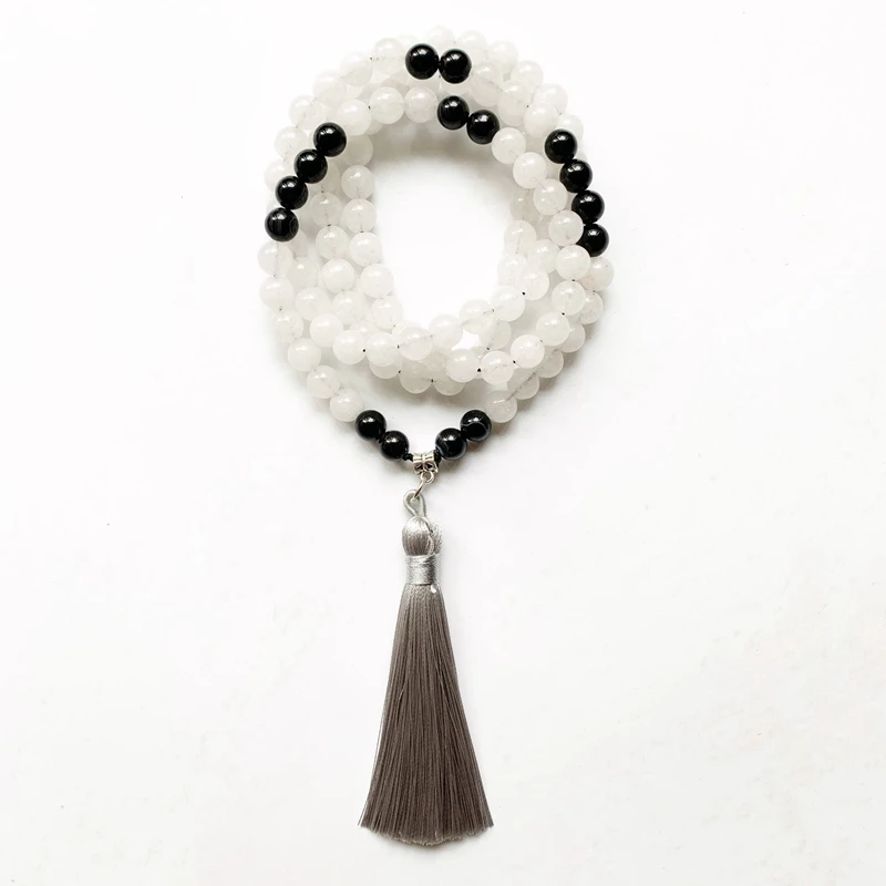 

White Jade BlacK Onyx Stone Necklace Men Women 108 Mala Beads Buddha Prayer Natural Stone Yoga Bracelet Yingyang Gray Tassel 1pc