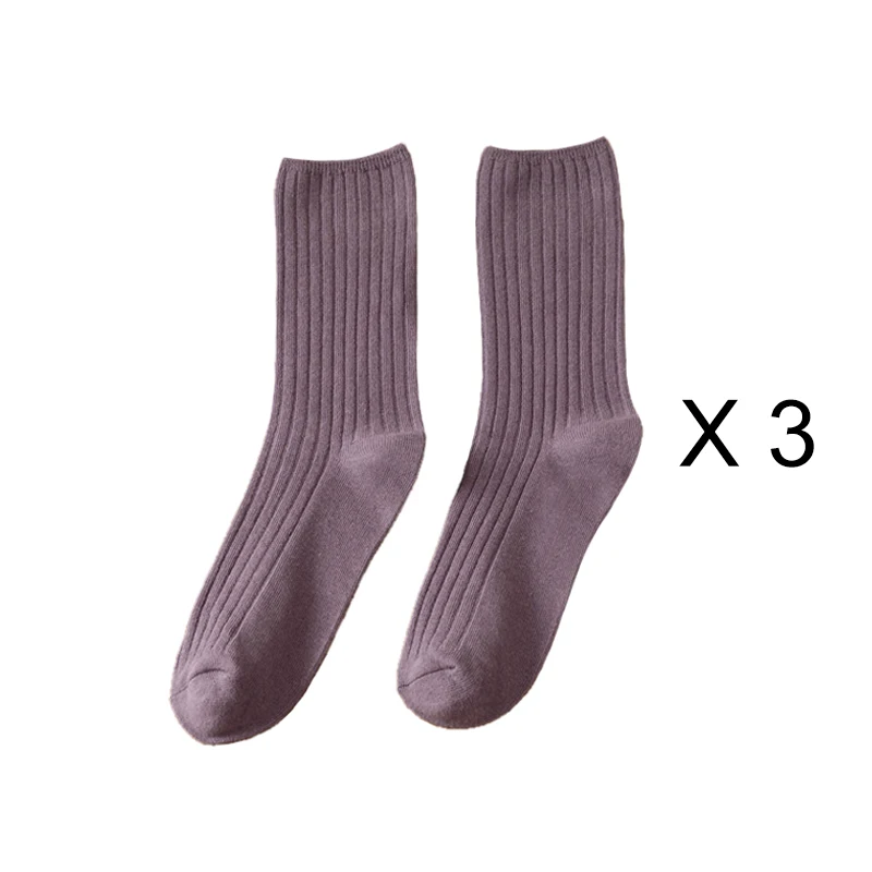 Elegant Retro Solid Color Long Cotton Socks for Women - 3 Pairs/Lot, Breathable Japanese Style Casual Wear