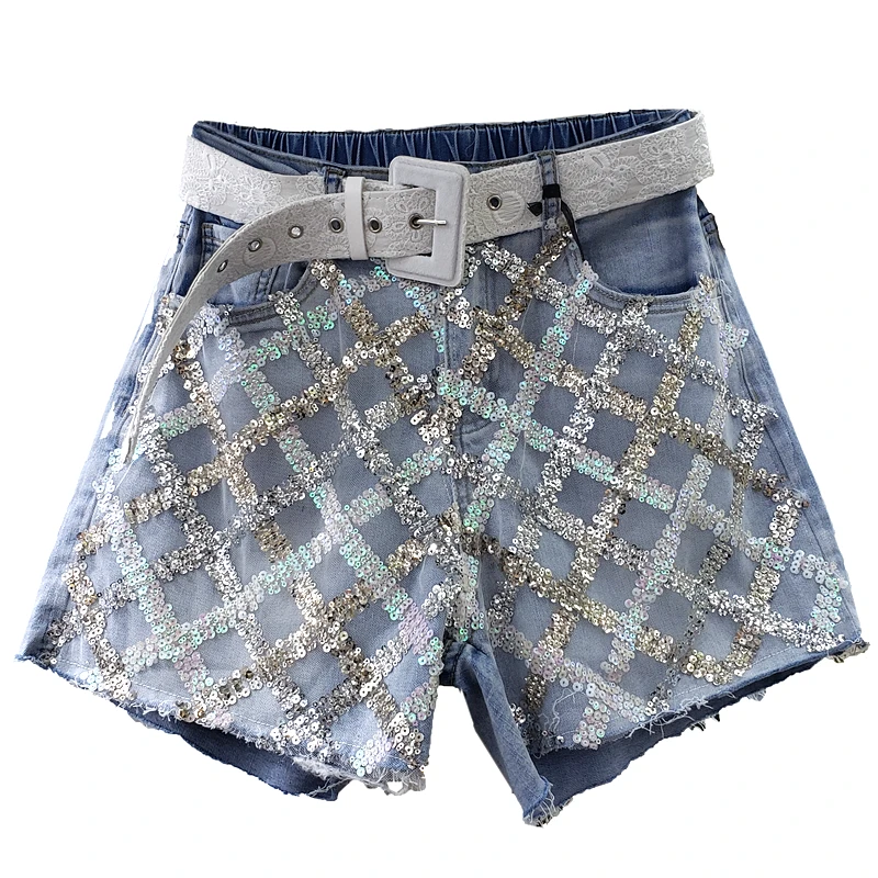 

Cool Heavy Work Sequined Denim Shorts Streetwear Women's 2020 Summer New High Waist Raw Edge Straight Jeans Shorts Students
