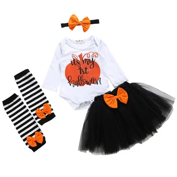 

Baby Halloween Costume Boy Girl Outfit Pumpkin Tutu Dress Romper Bodysuit Jumpsuit Headband Toddler Shoes Set*1