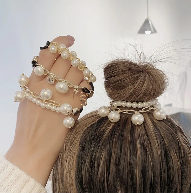 

New Dual-Purpose Hair Ring Pearl Flash Drilling Metal Chain Hair Rope Elastic Rubber Band Bracelet Style Woman Hair Accessories