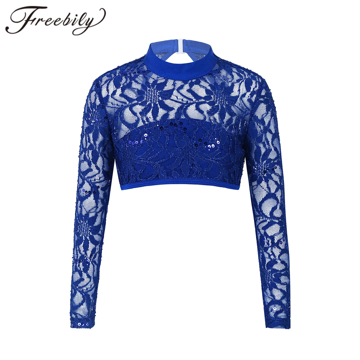 

Kids Girls Dance Crop Top Long Sleeves See-through Embroidered Lace Sequins Ballet Top Jazz Stage Performance Ballet Dancewear