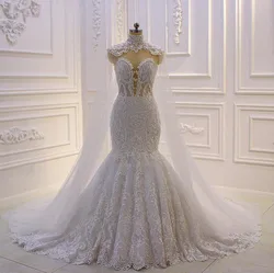 Vintage Lace Appliqued Wedding Dresses With Detachable Shawls Luxury Sheer Back Saudi Arabic Dubai Bridal Gown Robe De Mariage