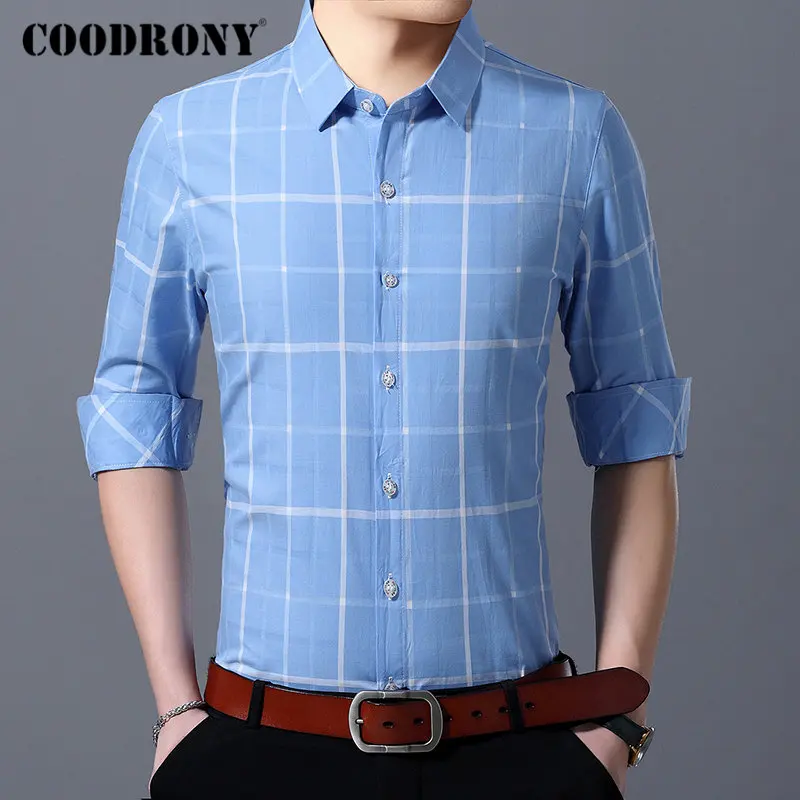 Синий Бренд COODRONY, Мужская Уличная рубашка, модная клетчатая деловая Повседневная рубашка, осенняя рубашка с длинным рукавом, Мужской Топ, Camisa Masculina 96088 - Цвет: Синий