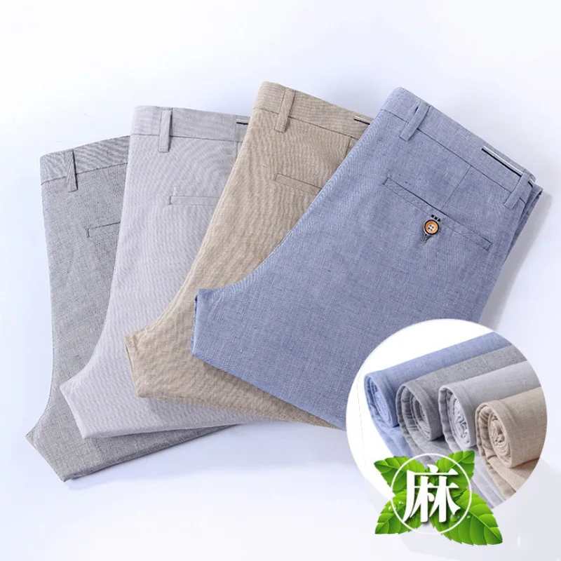 Мужские повседневные брюки для фитнеса прямые длинные льняные брюки больших размеров летние серые темно-синие брюки в деловом стиле