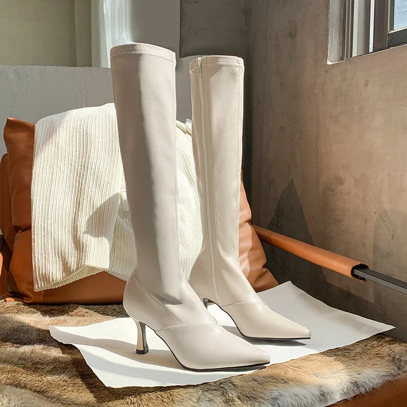 Botas de tacón fino y blanco crema para mujer, botines hasta la rodilla de  tacón alto y cuero, puntiagudas, 2020|Botas hasta el tobillo| - AliExpress