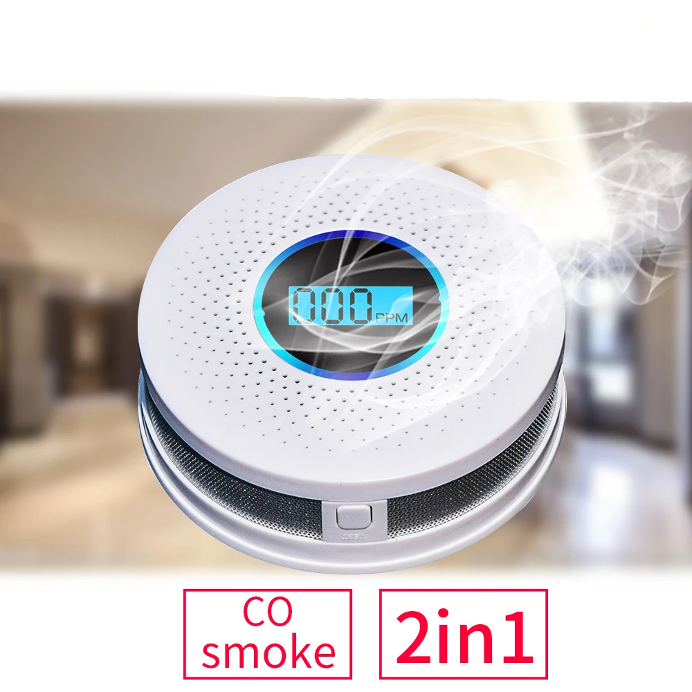 Detector de Monitor de Gas y monóxido de carbono, Sensor de alarma de humo 2 en 1, pantalla LCD, uso de alarma independiente para el hogar
