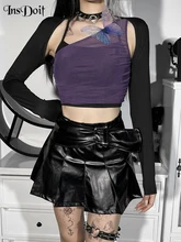 

InsDoit Goth Three Piece Women Lace Up Halter Camis Butterfly Sleeveless Tank Tops Long Sleeve Hollow Out T-shirts Sexy Crop Top