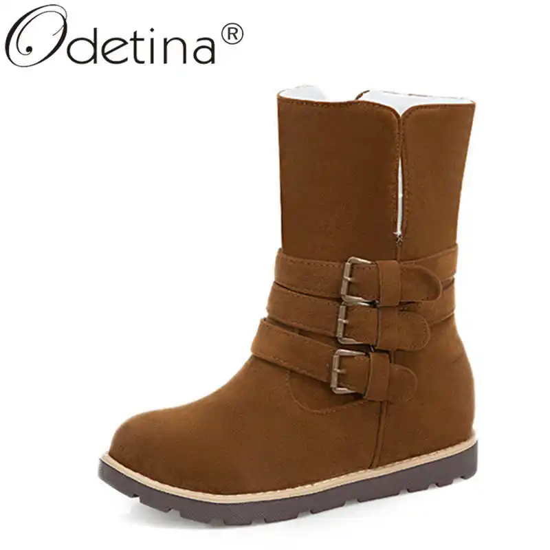 

Odetina New Fashion Women Flat Heel Platform Slip On Mid Calf Boots Comfort Non-slip Winter Warm Snow Boots Round Toe Big Size